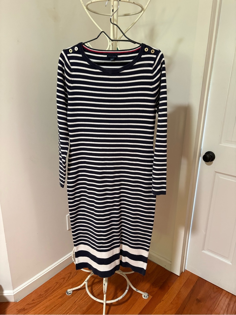Tommy Hilfiger Navy and White Striped Long Sleeve Dress